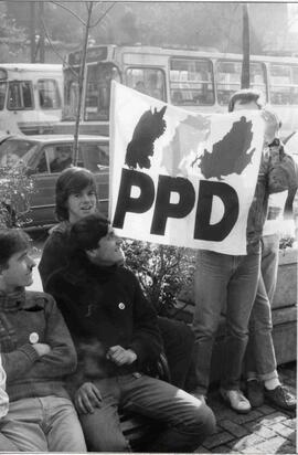 Jóvenes con bandera del Partido por la Democracia (PPD)