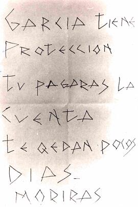Carta anónima en donde se amenaza a alguien de muerte