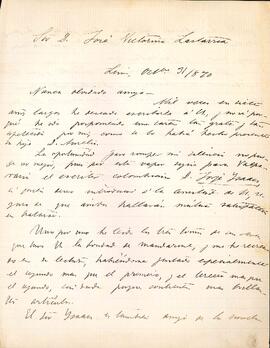 Carta de Pedro Paz Soldán y Unanue a José Victorino Lastarria