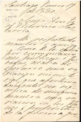 Carta de Miguel Luis Amunátegui a José Victorino Lastarria